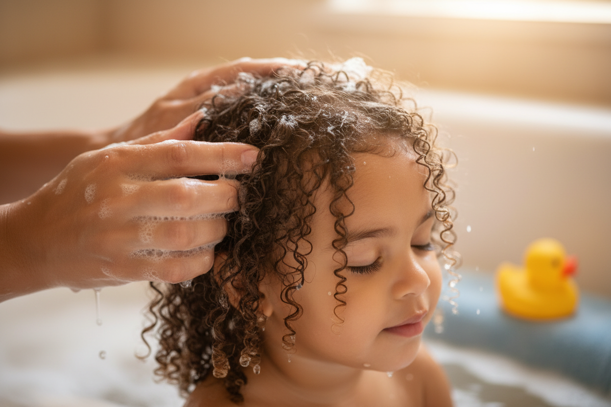 washing toddler's curly hair with shampoo